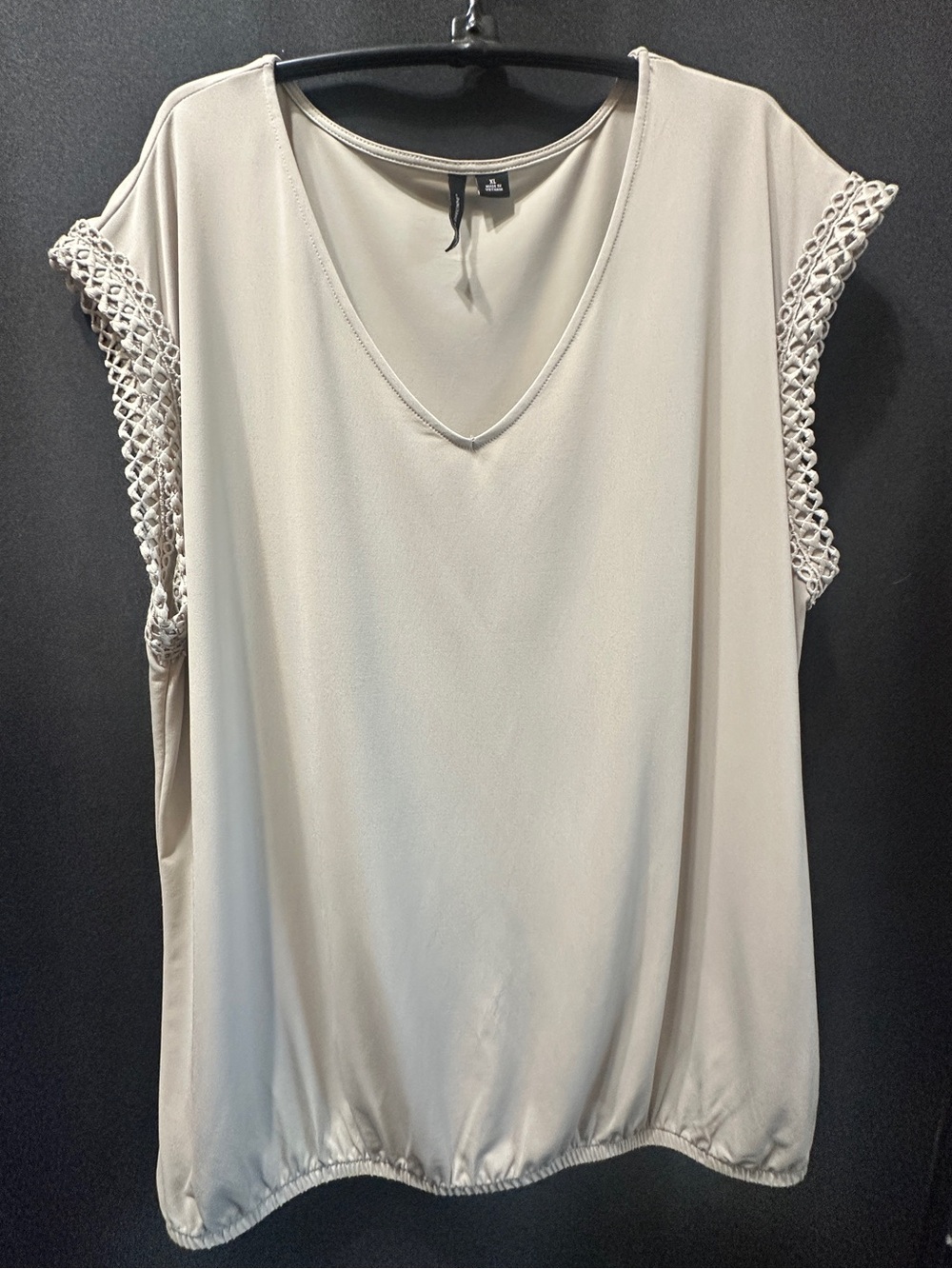 New Directions Taupe V-Neck Top with Crochet Cap Sleeves
